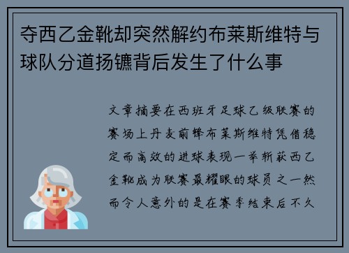 夺西乙金靴却突然解约布莱斯维特与球队分道扬镳背后发生了什么事 夺西乙金靴却突然解约布莱斯维特与球队分道扬镳背后发生了什么事