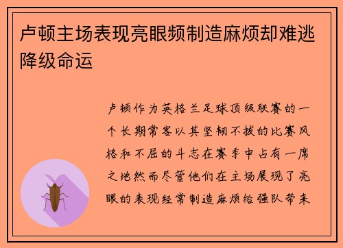 卢顿主场表现亮眼频制造麻烦却难逃降级命运 卢顿主场表现亮眼频制造麻烦却难逃降级命运