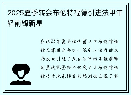 2025夏季转会布伦特福德引进法甲年轻前锋新星 2025夏季转会布伦特福德引进法甲年轻前锋新星
