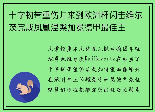 十字韧带重伤归来到欧洲杯闪击维尔茨完成凤凰涅槃加冕德甲最佳王 十字韧带重伤归来到欧洲杯闪击维尔茨完成凤凰涅槃加冕德甲最佳王